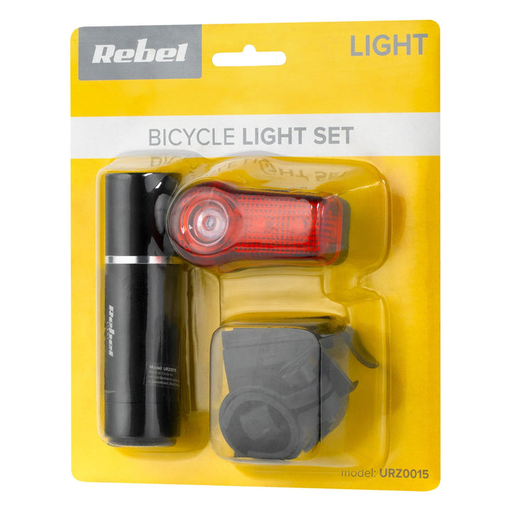 URZ0015 комплект велосипедни светлини, предна 1x LED 3W + задна 3x LED, захранвани с батерии, Rebel