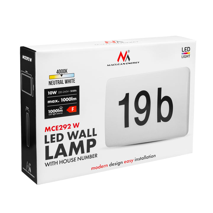 LED лампа Maclean, номер на къща, със сензор за затъмняване, бяла, макс. 10 W, IP65, неутрален цвят (4000 K), макс. 1000 lm, MCE292 W