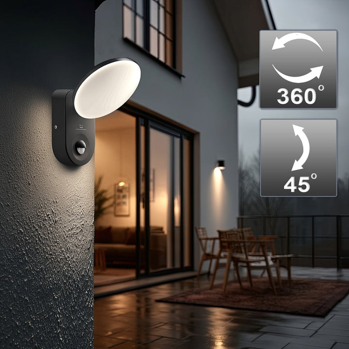 Maclean Energy MCE367 стенна LED лампа с PIR сензор - PC+ALU, 15W (1100lm) неутрално бяло 4000K IP65 сиво