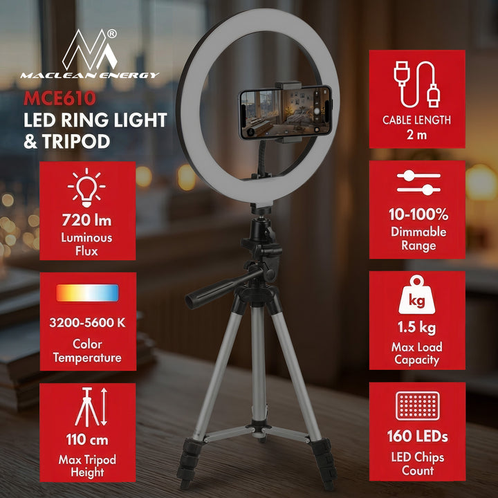 10-инчов LED 12W пръстен с 1,1 м статив Maclean Energy MCE610, Bluetooth самоснимачка, регулируема цветова температура 3200K-5600K и яркост 10-100%.