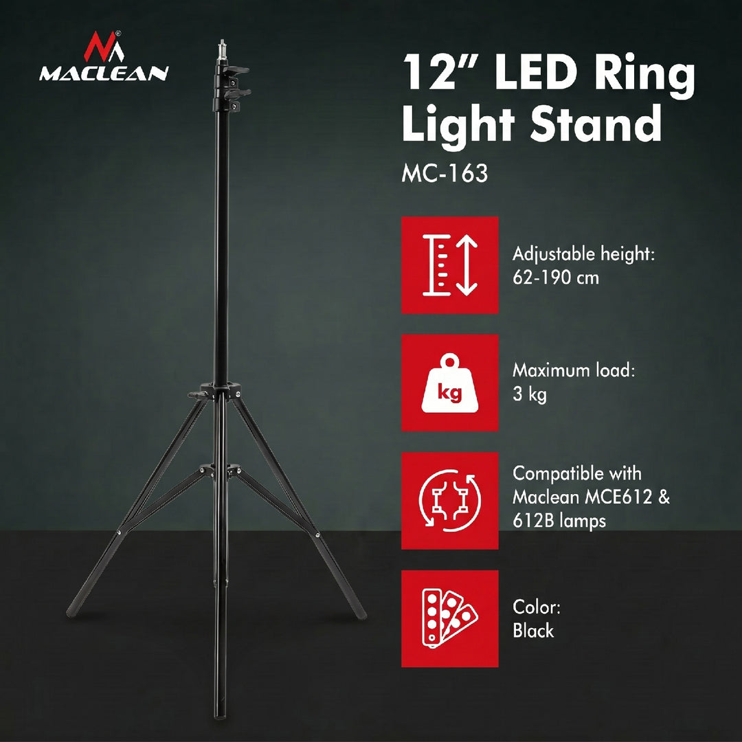 Статив за Maclean MC-163 12" LED пръстенна светлина, макс. височина 190 cm, макс. натоварване 3 kg