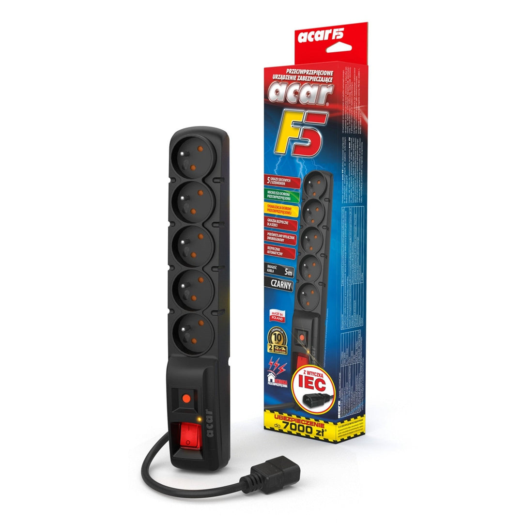 Acar защитен прекъсвач, IEC щепсел, черен, 2300W, 5m, F5 IEC