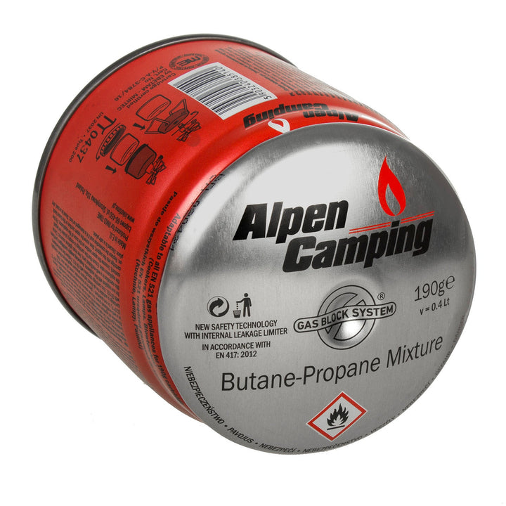 Газова бутилка Alpen Camping 400 ml. Сертификат: Pi 0437, съответстващ на EN417, пропан-бутан, диапазон от -10°C до +40°C, система GAS STOP IK006.