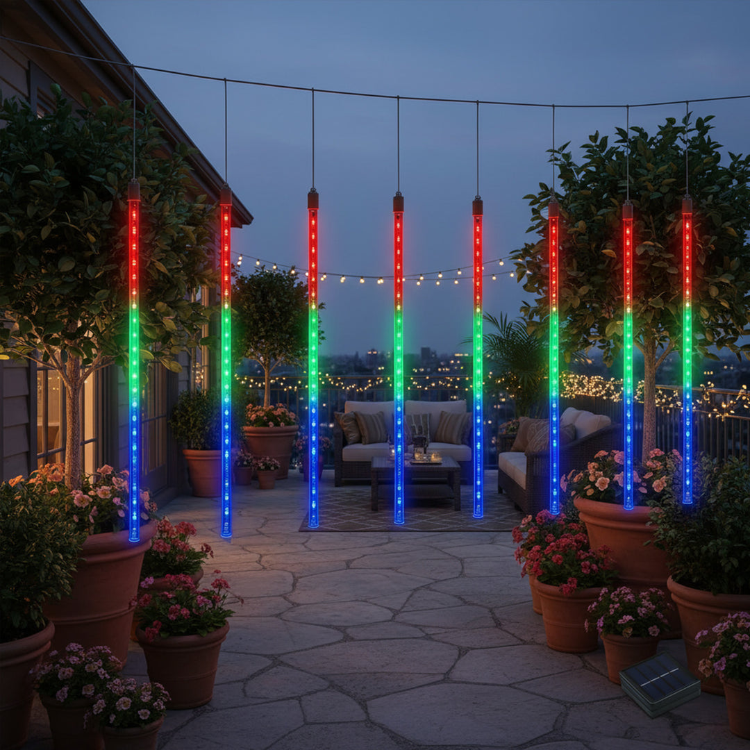 Слънчеви LED светлини Maclean, дължина 2,4 м, 144 LED диода, 8 RGB ледени висулки, режим на падащи ледени висулки, 800 mAh Li батерия, MCE412