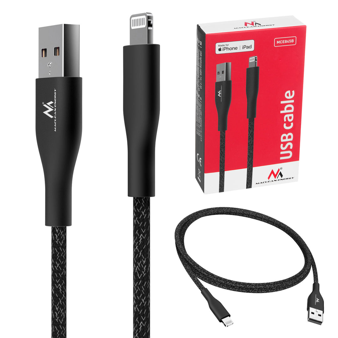 Кабел MFi (Made for iPhone / iPod / iPad) с поддръжка на Fast Charge 2.4A Maclean Energy MCE845B, черен, дължина 1 м, 5V/2.4A – пренос на данни