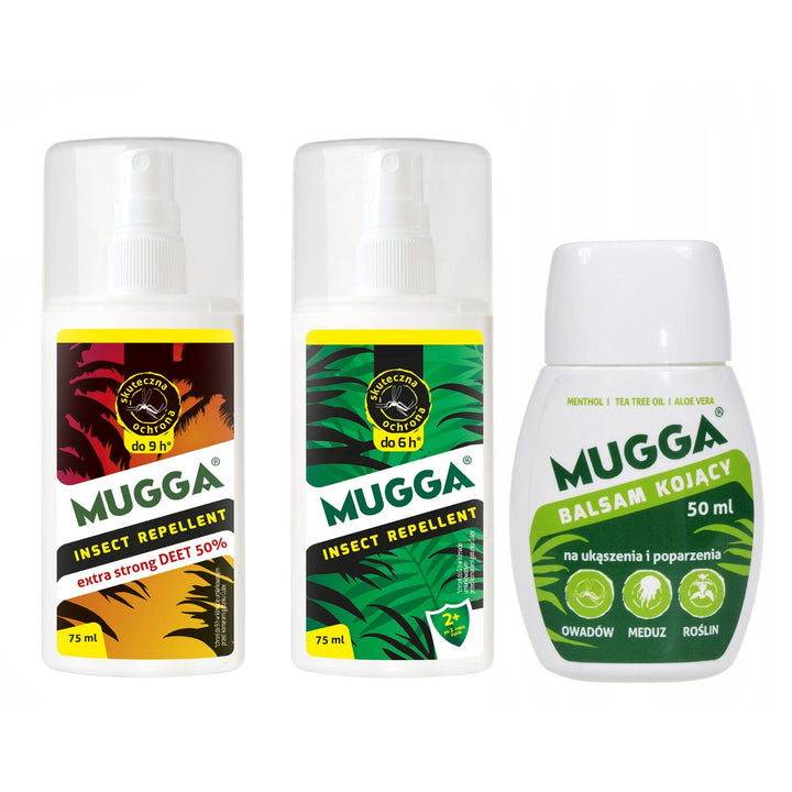 Комплект от 2x Mugga 50% + 9,5% Deet за семейството + Успокояващ балсам 50ml