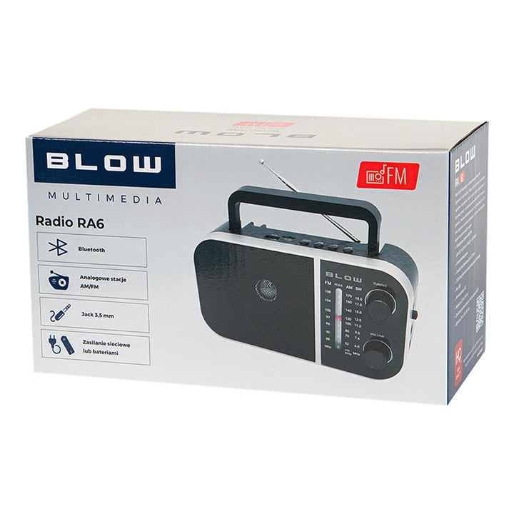 RA6 преносимо аналогово AM/FM радио, захранвано от батерия и електрическата мрежа Blow