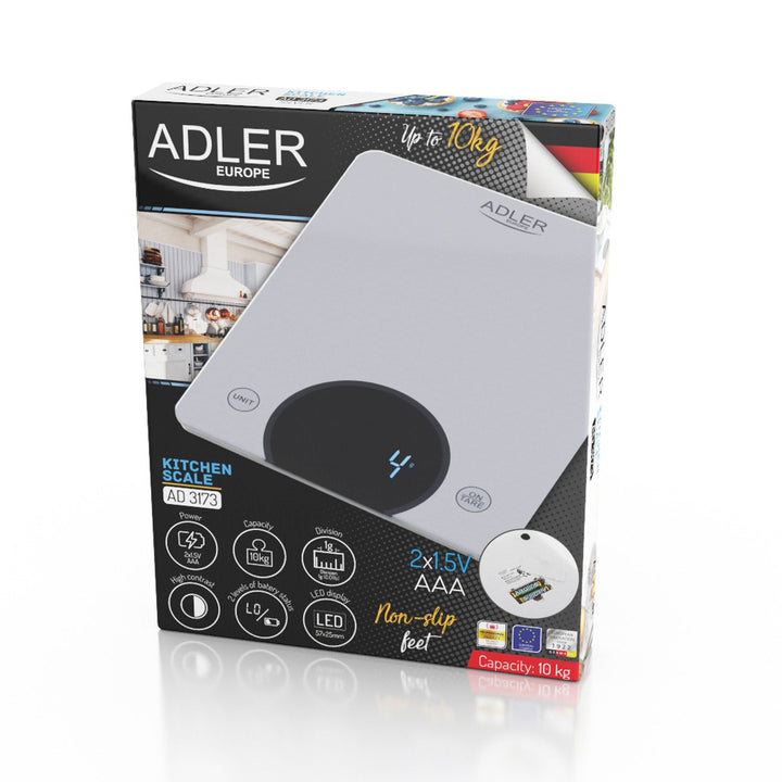 Кухненски кантар Adler AD 3173s до 10 кг, LED дисплей, размери 20 x 16 см