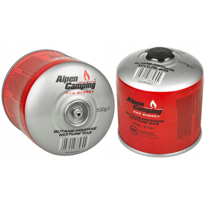 2x 500g Alpen Camping газова касета. Сертификат: Pi 0437, съответстващ на EN417, пропан-бутан, диапазон -10°C до +40°C, 7/16" IK008 клапан.