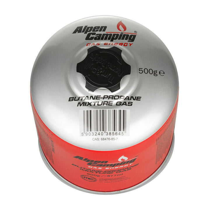 4x 500g газови патрони Alpen Camping. Сертификат: Pi 0437, в съответствие с EN417, пропан-бутан, диапазон от -10°C до +40°C, 7/16" IK008 клапан.