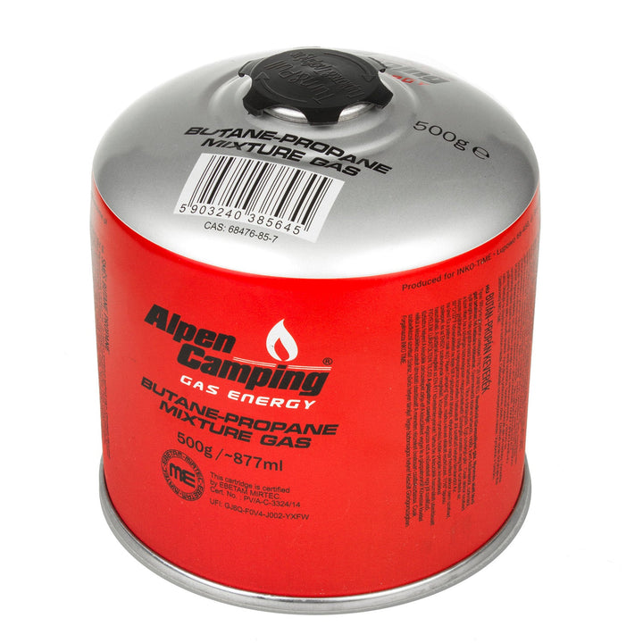 4x 500g газови патрони Alpen Camping. Сертификат: Pi 0437, в съответствие с EN417, пропан-бутан, диапазон от -10°C до +40°C, 7/16" IK008 клапан.