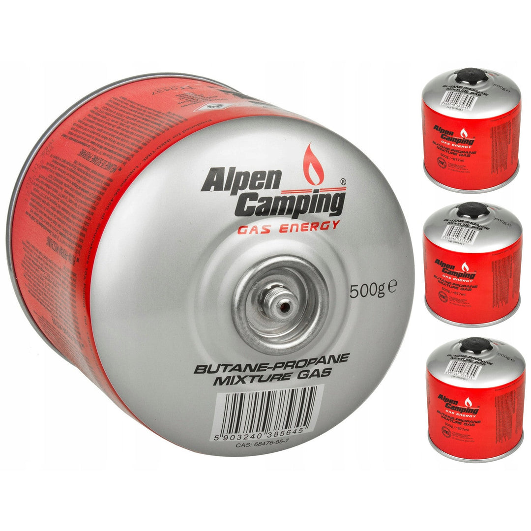 4x 500g газови патрони Alpen Camping. Сертификат: Pi 0437, в съответствие с EN417, пропан-бутан, диапазон от -10°C до +40°C, 7/16" IK008 клапан.