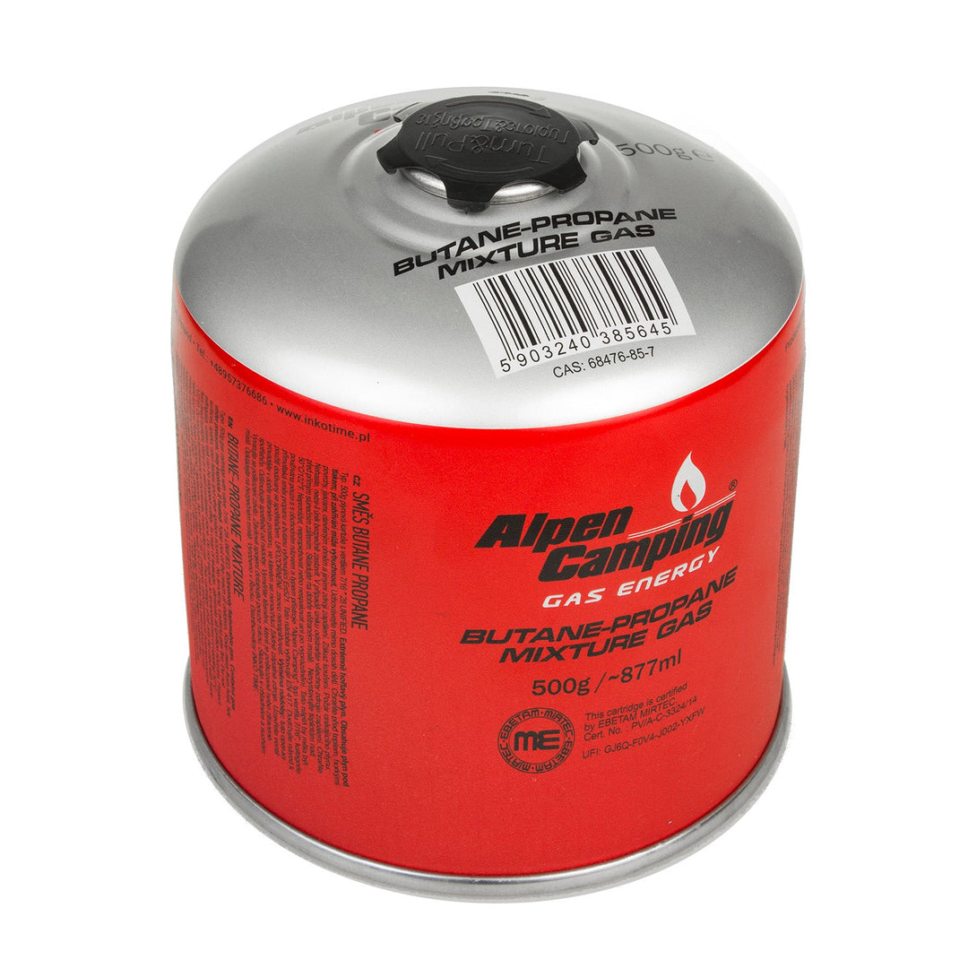 3x 500g Alpen Camping газова касета. Сертификат: Pi 0437, съответстващ на EN417, пропан-бутан, диапазон от -10°C до +40°C, 7/16" IK008 клапан.