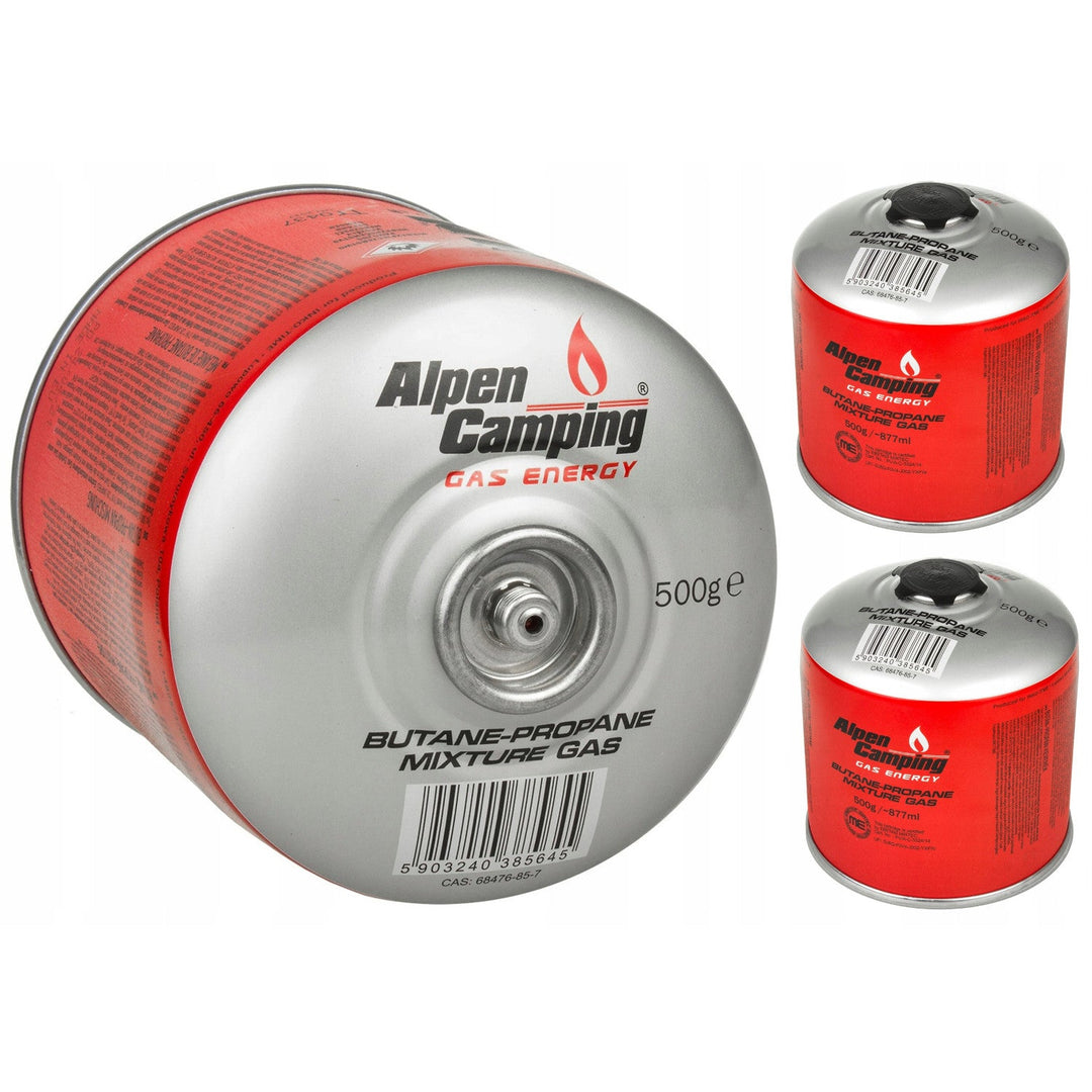 3x 500g Alpen Camping газова касета. Сертификат: Pi 0437, съответстващ на EN417, пропан-бутан, диапазон от -10°C до +40°C, 7/16" IK008 клапан.