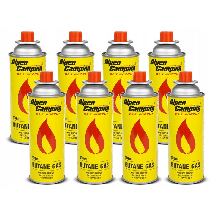 8x 400ml газови патрони Alpen Camping. Сертификат: Pi 0875, в съответствие с EN417, изобутан, работен диапазон от -10°C до +40°C, IK004