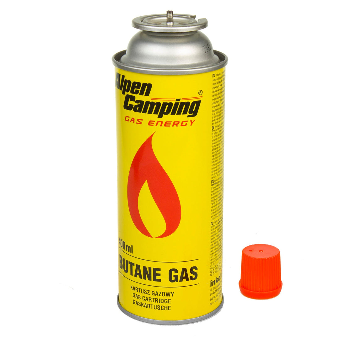 28x 400ml Alpen Camping газова бутилка. Сертификат: Pi 0875, съответстващ на стандарт EN417, изобутан, работен диапазон от -10°C до +40°C, IK004