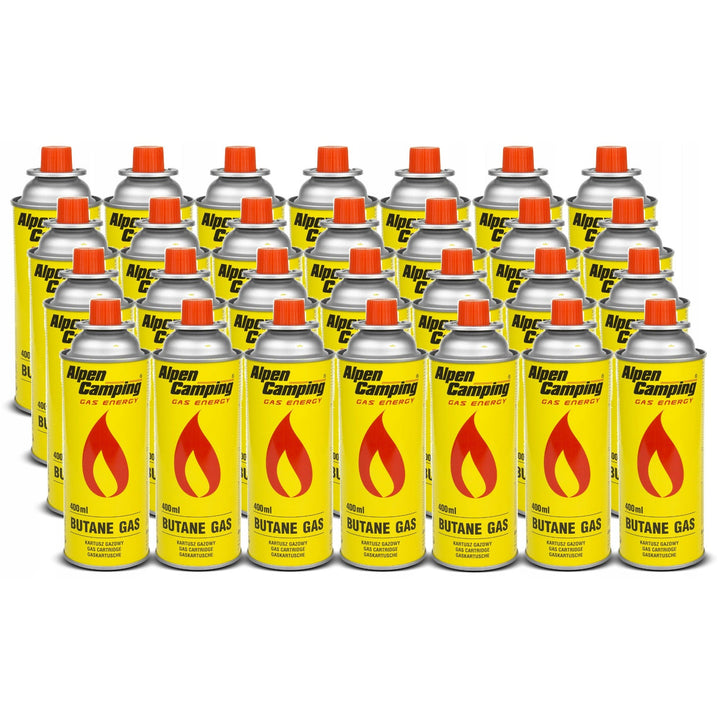 28x 400ml Alpen Camping газова бутилка. Сертификат: Pi 0875, съответстващ на стандарт EN417, изобутан, работен диапазон от -10°C до +40°C, IK004