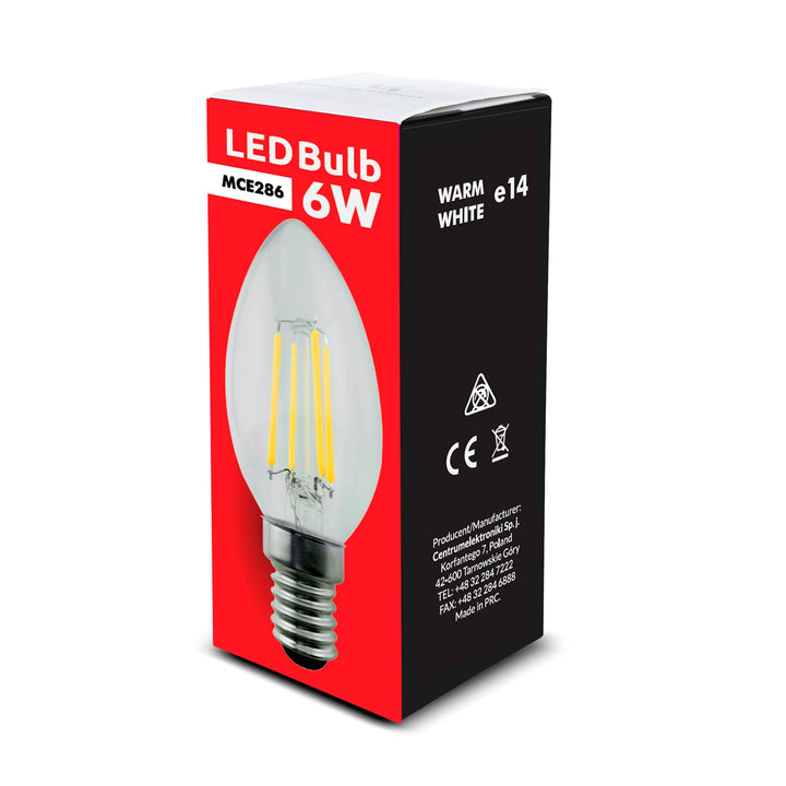 6x Maclean крушка, LED с нажежаема жичка E14, 6W, 230V, WW топло бяло 3000K, 806lm, Retro Edison декоративна свещ C35, MCE286