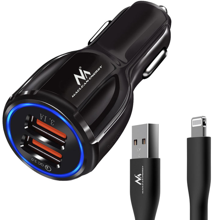 Зарядно устройство за кола Maclean, Qualcomm Quick Charge, QC 3.0 – 5V/3A, 9V/1.8A, 12V/1.6A, 5V/3.1A гнездо с USB Lightning кабел