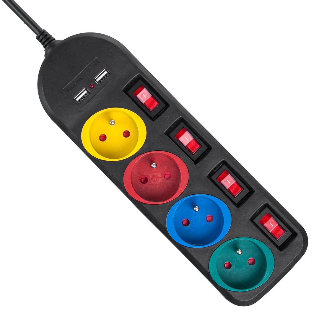 Многофункционален удължител Maclean, 4 контакта + 2xUSB удължител, с превключватели, 250VAC/10A, 2.1A 5V, 1.5m, бял, MCE229B + USB кабел MCE471