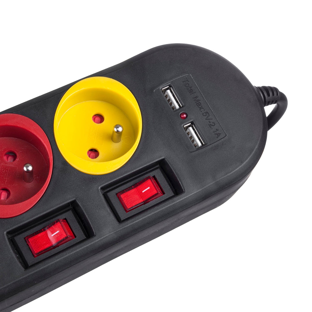 Многофункционален удължител Maclean, 4 контакта + 2xUSB удължител, с превключватели, 250VAC/10A, 2.1A 5V, 1.5m, бял, MCE229B + USB кабел MCE471