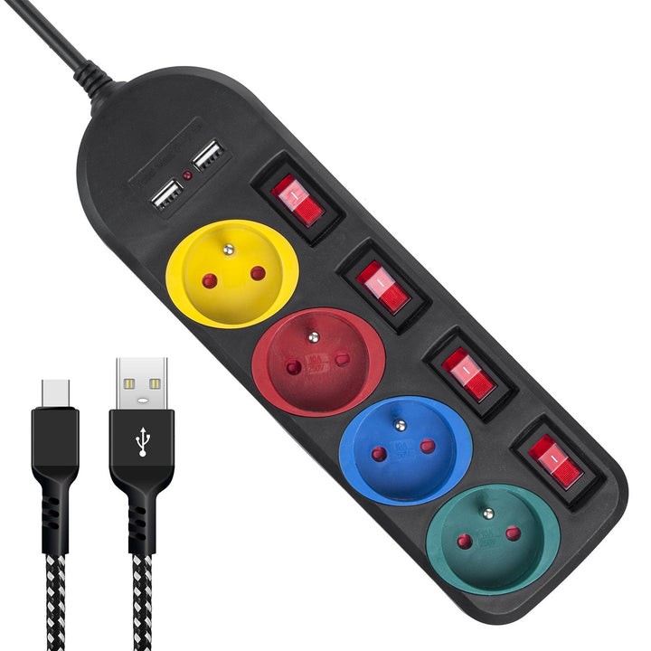 Многофункционален удължител Maclean, 4 контакта + 2xUSB удължител, с превключватели, 250VAC/10A, 2.1A 5V, 1.5m, бял, MCE229B + USB кабел MCE471