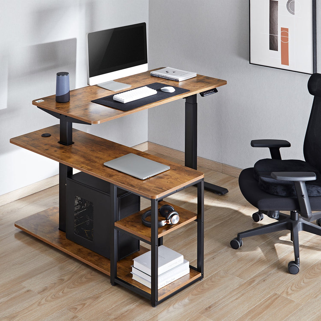 Електрическо бюро Ergo Office с регулируема височина, максимална височина 121 cm, максимално натоварване 70 kg, с плот и рафтове, за работа в изправено или седнало положение, кафяво в рустик стил, ER-450, 2 части