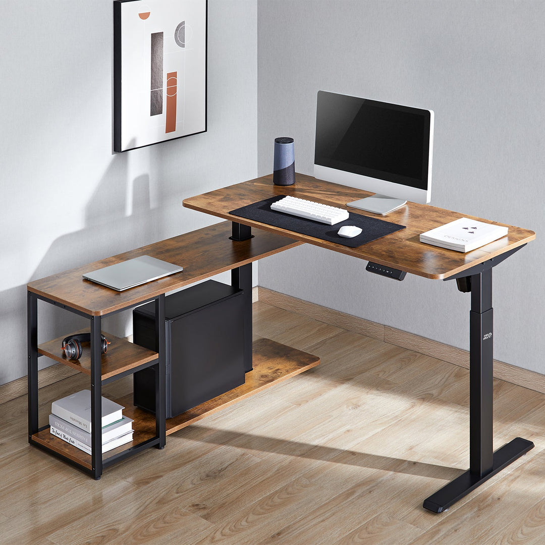 Електрическо бюро Ergo Office с регулируема височина, максимална височина 121 cm, максимално натоварване 70 kg, с плот и рафтове, за работа в изправено или седнало положение, кафяво в рустик стил, ER-450, 2 части