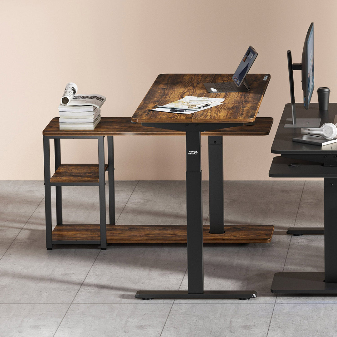Електрическо бюро Ergo Office с регулируема височина, максимална височина 121 cm, максимално натоварване 70 kg, с плот и рафтове, за работа в изправено или седнало положение, кафяво в рустик стил, ER-450, 2 части