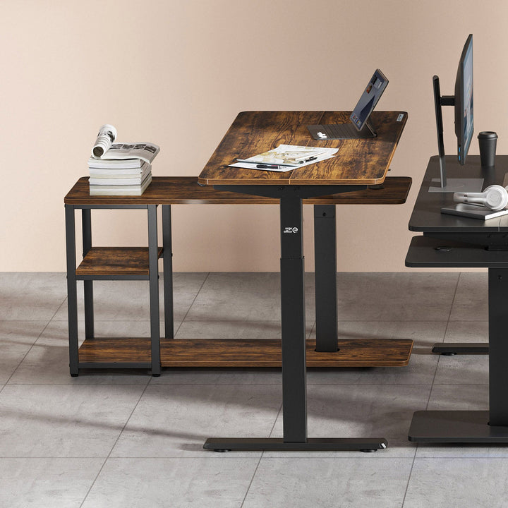 Електрическо бюро Ergo Office с регулируема височина, максимална височина 121 cm, максимално натоварване 70 kg, с плот и рафтове, за работа в изправено или седнало положение, кафяво в рустик стил, ER-450, 2 части