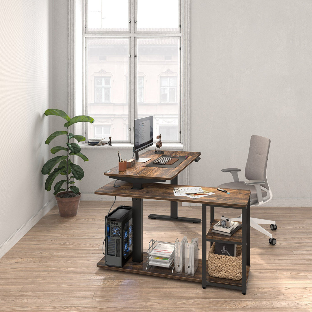 Електрическо бюро Ergo Office с регулируема височина, максимална височина 121 cm, максимално натоварване 70 kg, с плот и рафтове, за работа в изправено или седнало положение, кафяво в рустик стил, ER-450, 2 части