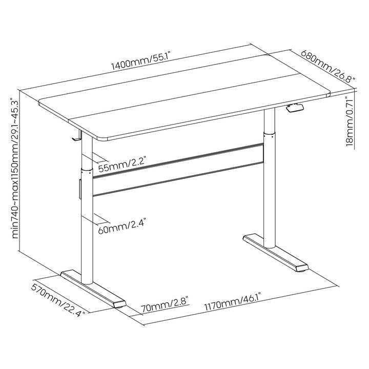 Работно бюро Ergo с плот 140x68 cm, газови амортисьори, регулиране на височината, за работа в изправено или седнало положение, максимална височина 115 cm, ER-453
