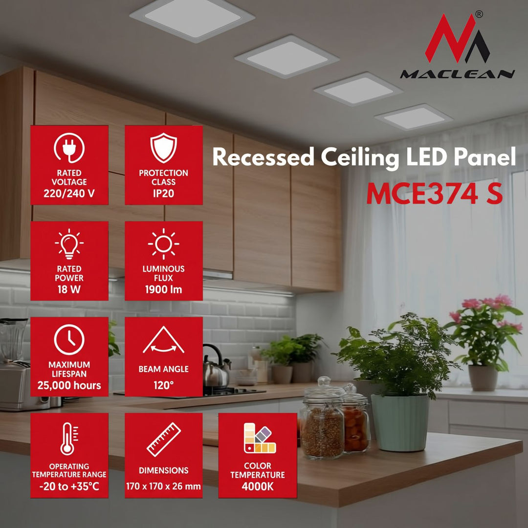 LED панел за таван Maclean, вграден SLIM, 18W, неутрално бял 4000K, 170*170*26mm, 1900lm, MCE374 S