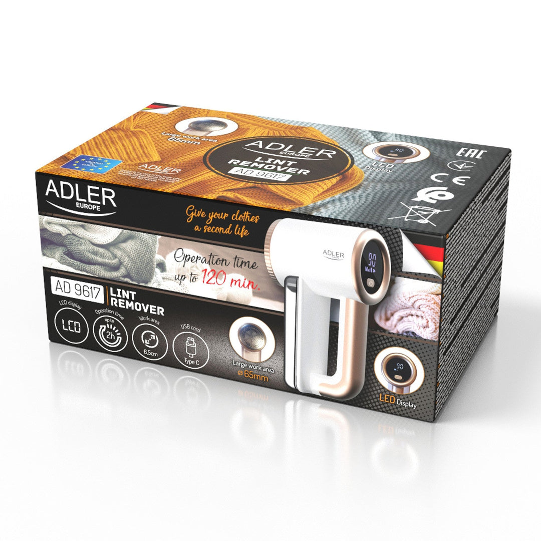 Бръснач за тъкани Adler, USB зарядно, LCD дисплей, 3 настройки за скорост, четка, AD 9617