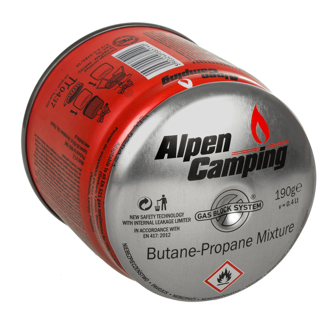 24x 400ml газови патрони Alpen Camping. Сертификат: Pi 0437, съответстващ на EN417, пропан-бутан, диапазон от -10°C до +40°C, система GAS STOP IK006.