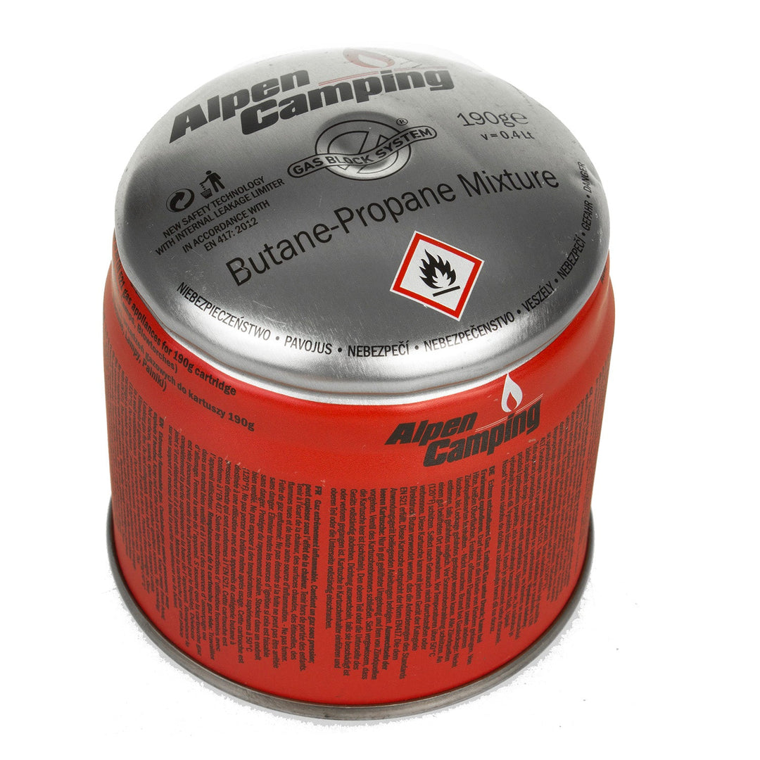 24x 400ml газови патрони Alpen Camping. Сертификат: Pi 0437, съответстващ на EN417, пропан-бутан, диапазон от -10°C до +40°C, система GAS STOP IK006.