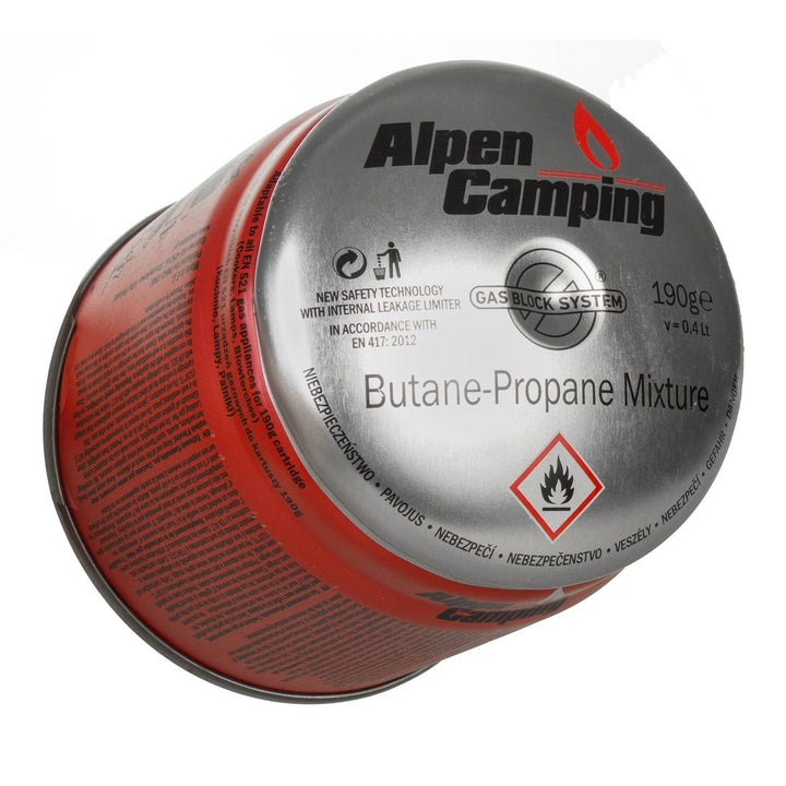 24x 400ml газови патрони Alpen Camping. Сертификат: Pi 0437, съответстващ на EN417, пропан-бутан, диапазон от -10°C до +40°C, система GAS STOP IK006.
