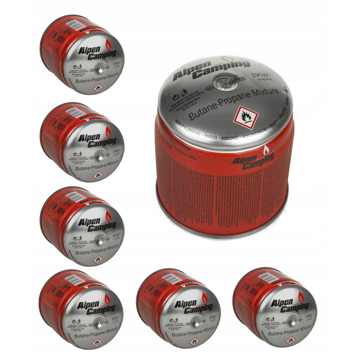48x 400ml Alpen Camping газова бутилка. Сертификат: Pi 0437, съответстващ на EN417, пропан-бутан, диапазон -10°C до +40°C, система GAS STOP IK006.