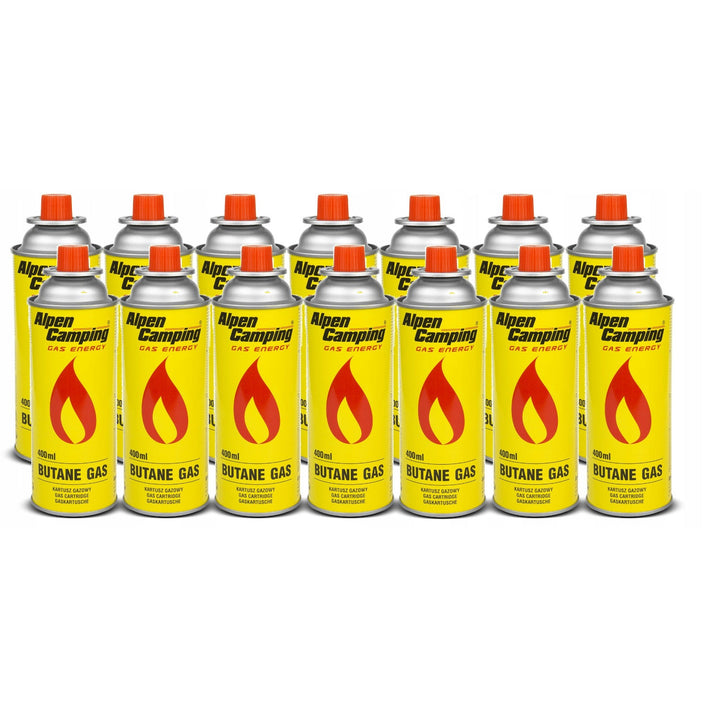 14x 400ml Alpen Camping газови патрони. Сертификат: Pi 0875, съответстващ на стандарт EN417, изобутан, работен диапазон от -10°C до +40°C, IK004