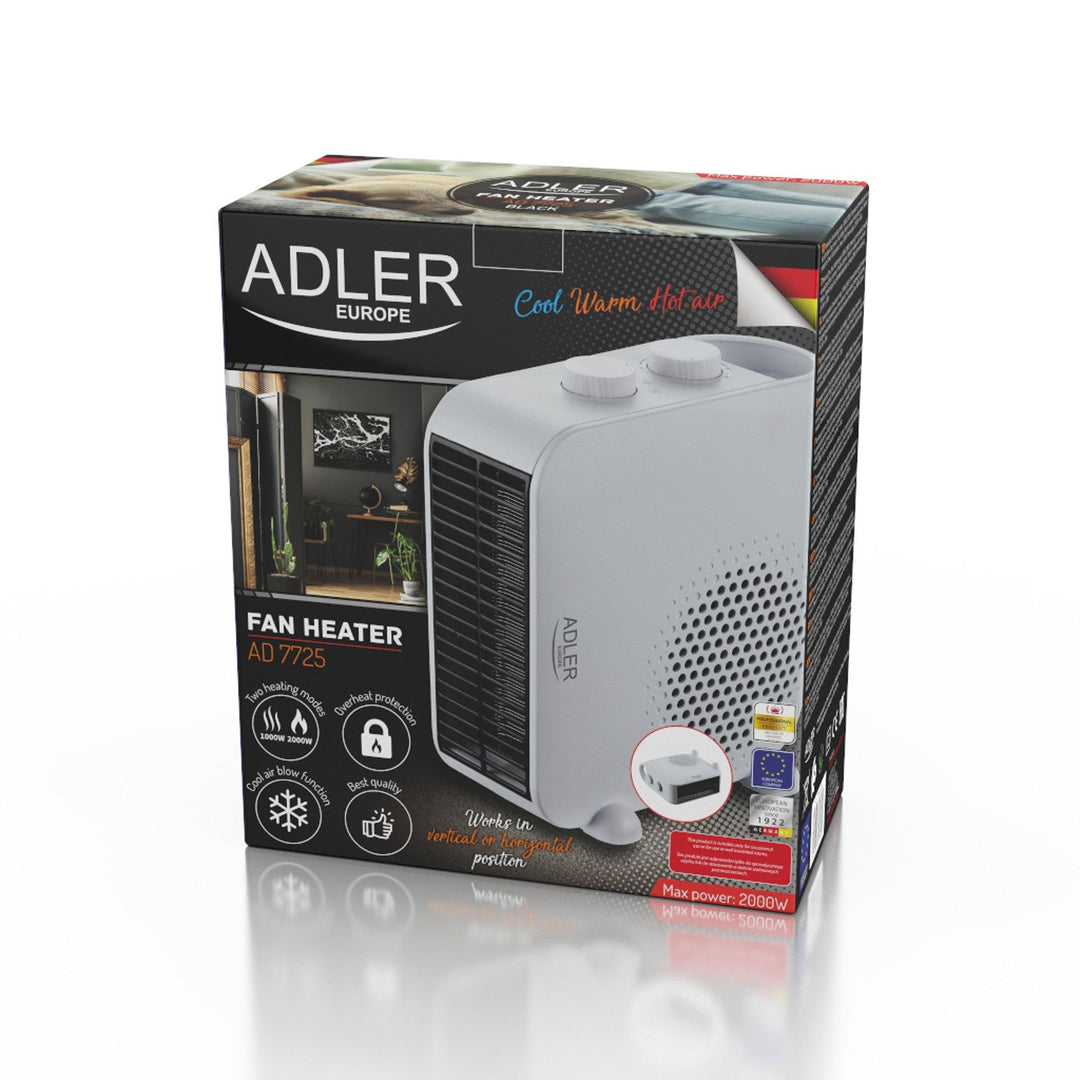 Вентилатор с нагревател Adler, двойна функция, студен въздух, 2000 W, бял, AD 7725