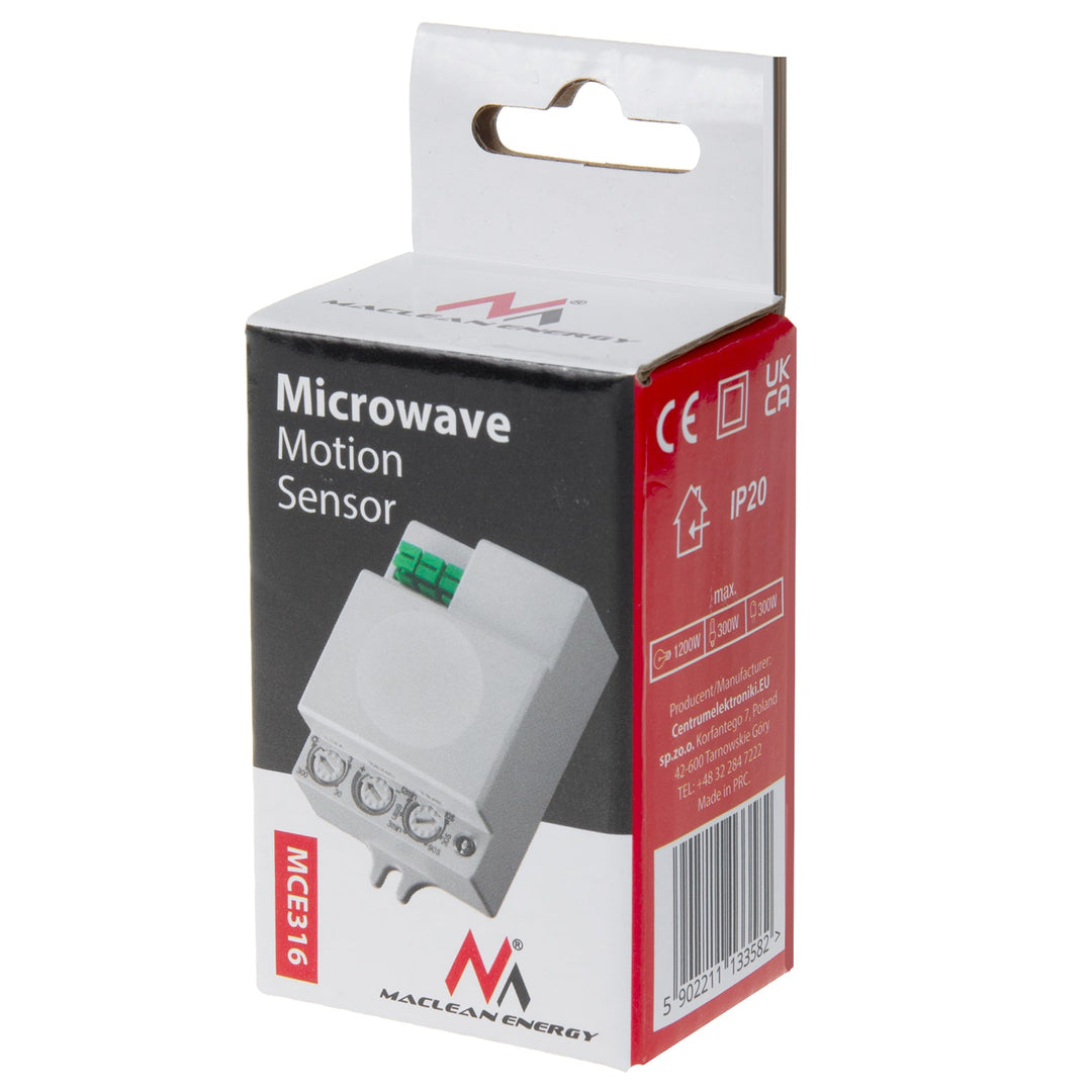 Микровълнов датчик за движение Maclean, обхват 8 м, максимална мощност 1200 W, IP20, 5,8 GHz, MCE316