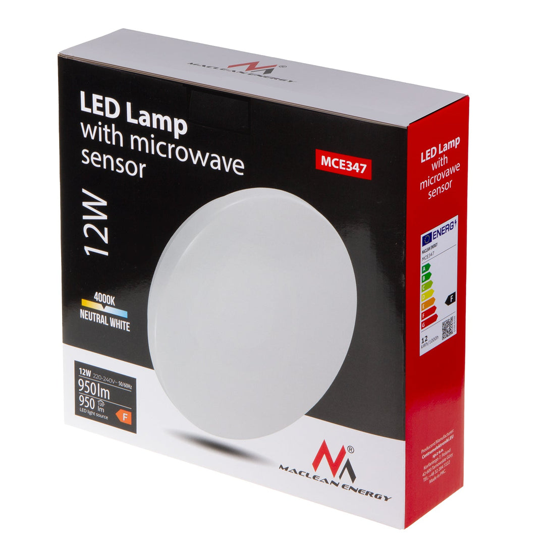 LED таванска лампа Maclean със сензор, 5,8 GHz микровълнов сензор, 4000 K, 12 W, 950 lm, IP44, MCE347