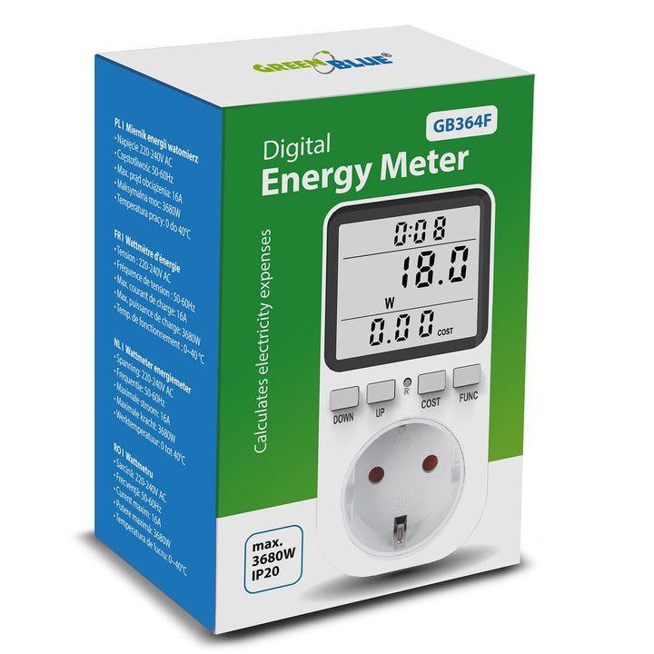 GreenBlue електромер, ватметър, тип F, 220-240 V AC, 50 Hz, максимално натоварване 16 A, IP20, вградена батерия, GB364 F