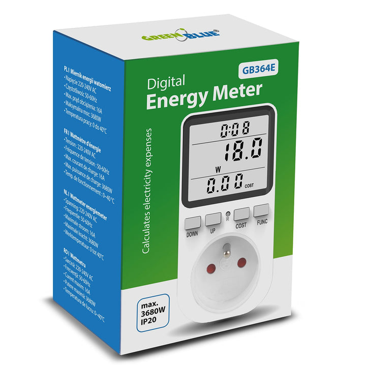 GreenBlue електромер, ватметър, тип E, 220–240 V AC, 50 Hz, макс. натоварване 16 A, IP20, вградена батерия, GB364 E