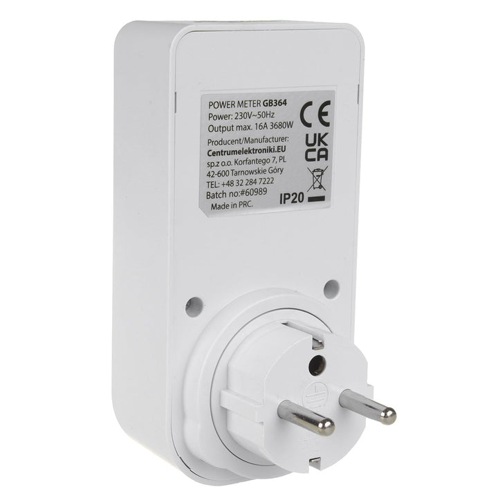 GreenBlue електромер, ватметър, тип E, 220–240 V AC, 50 Hz, макс. натоварване 16 A, IP20, вградена батерия, GB364 E