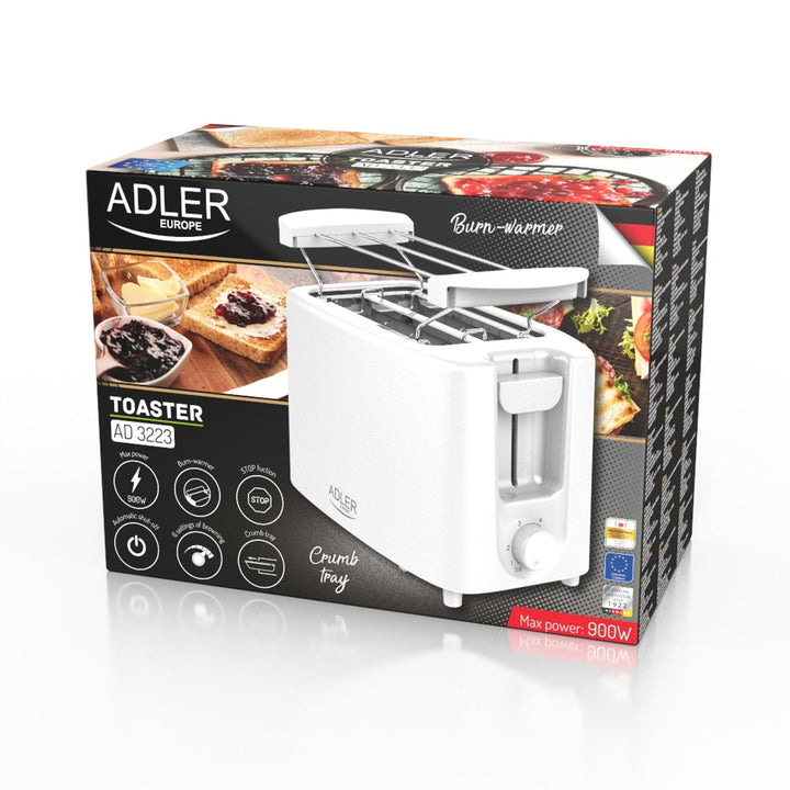 Тостер Adler, 6 настройки на температурата, решетка за хлебчета, 900 W, бял, AD 3223