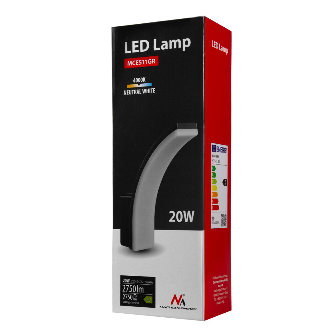 20W сива LED лампа, 2750lm, неутрално бял цвят, 4000K, IP65, Maclean MCE511 GR