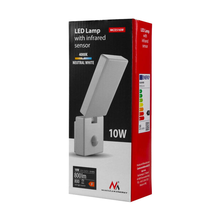LED лампа с PIR датчик за движение, бяла, 10W, IP65, 800lm, 4000K