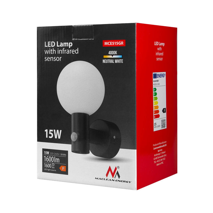 Maclean PIR датчик за движение LED лампа, сива, 15W, IP65, 1600lm, 4000K