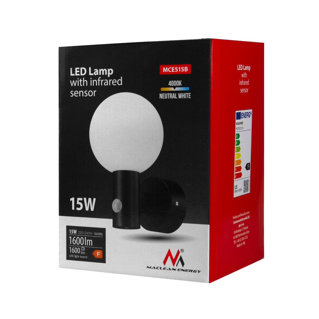 Maclean PIR датчик за движение LED лампа, черна, 15W, IP65, 1600lm, 4000K